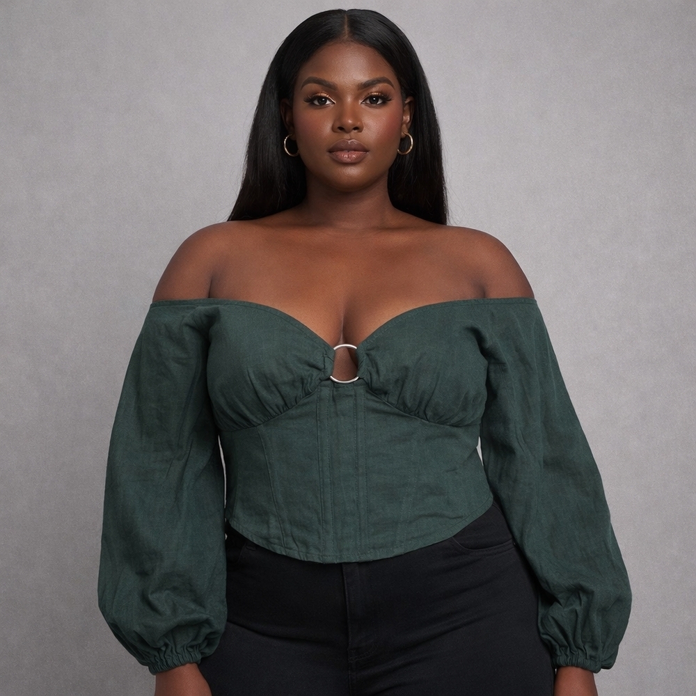 PrettyLittleThing Plus Dark Green Bardot Top Women's Size 22 Boning Ring Detail